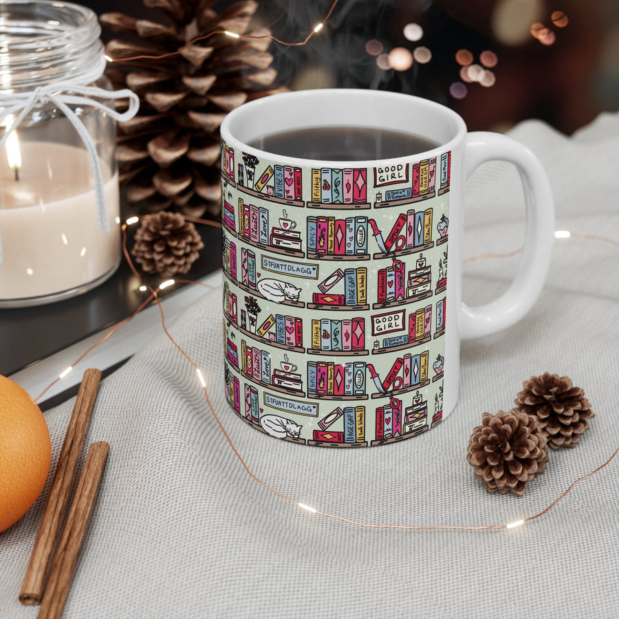 Smutty Romance Bookcase Wrap-Around Mug – Perfect for Romance Readers