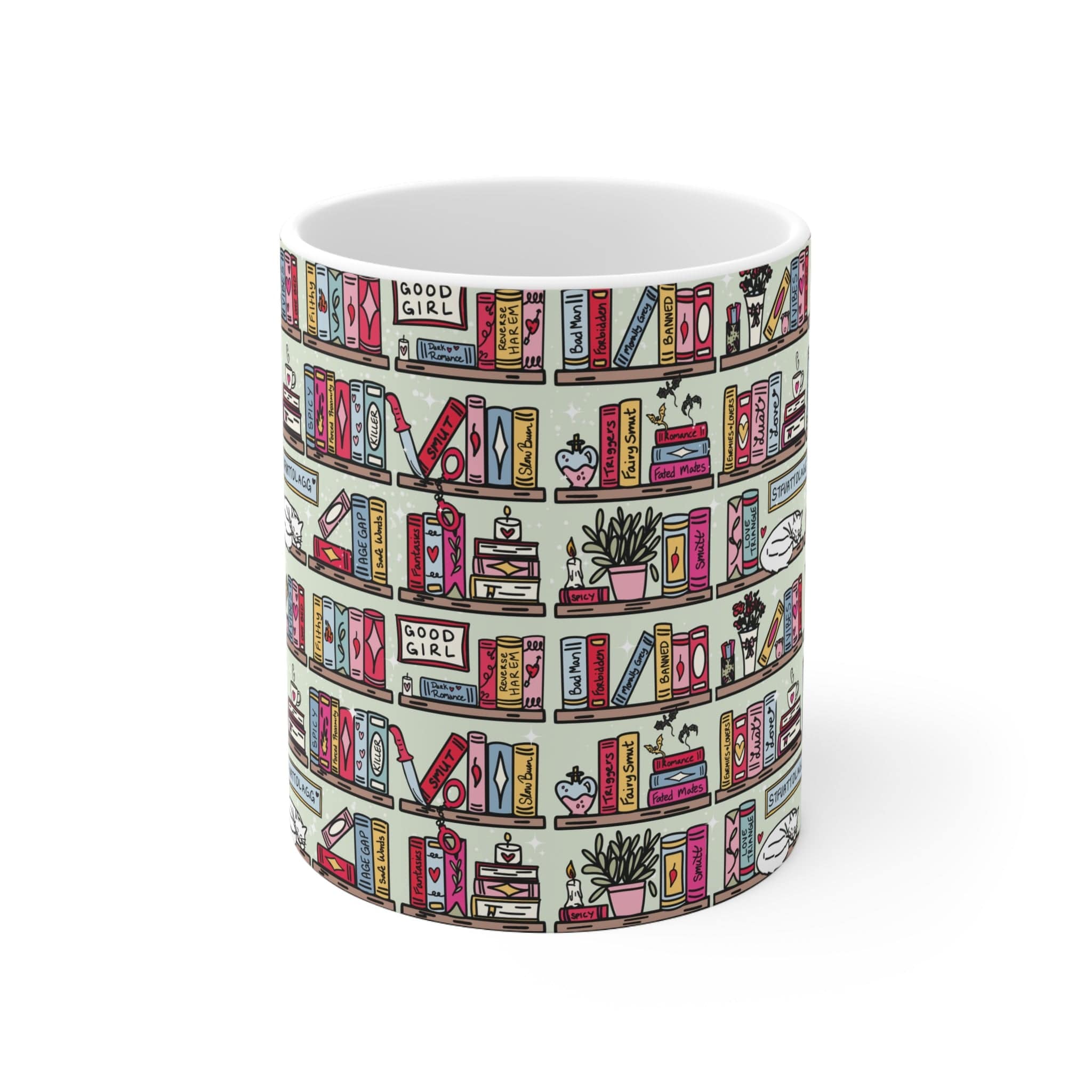 Smutty Romance Bookcase Wrap-Around Mug – Perfect for Romance Readers