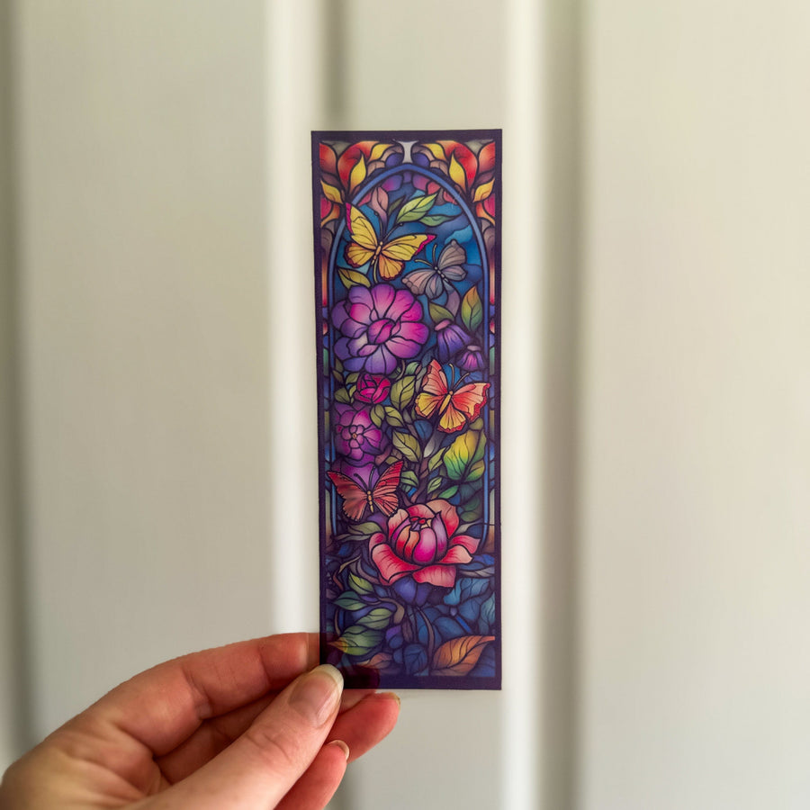 Transparent Stained Glass Window Bookmark - Floral Butterflies