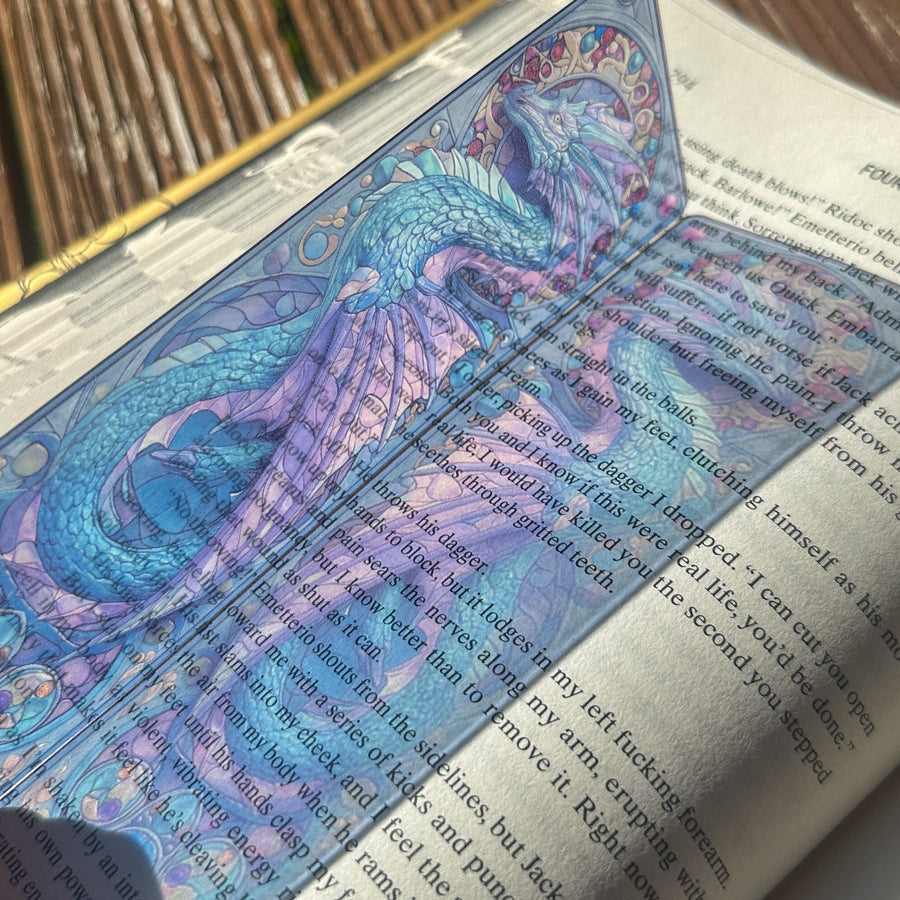 Transparent Stained Glass Window Bookmark – Midnight Amethyst Dragon