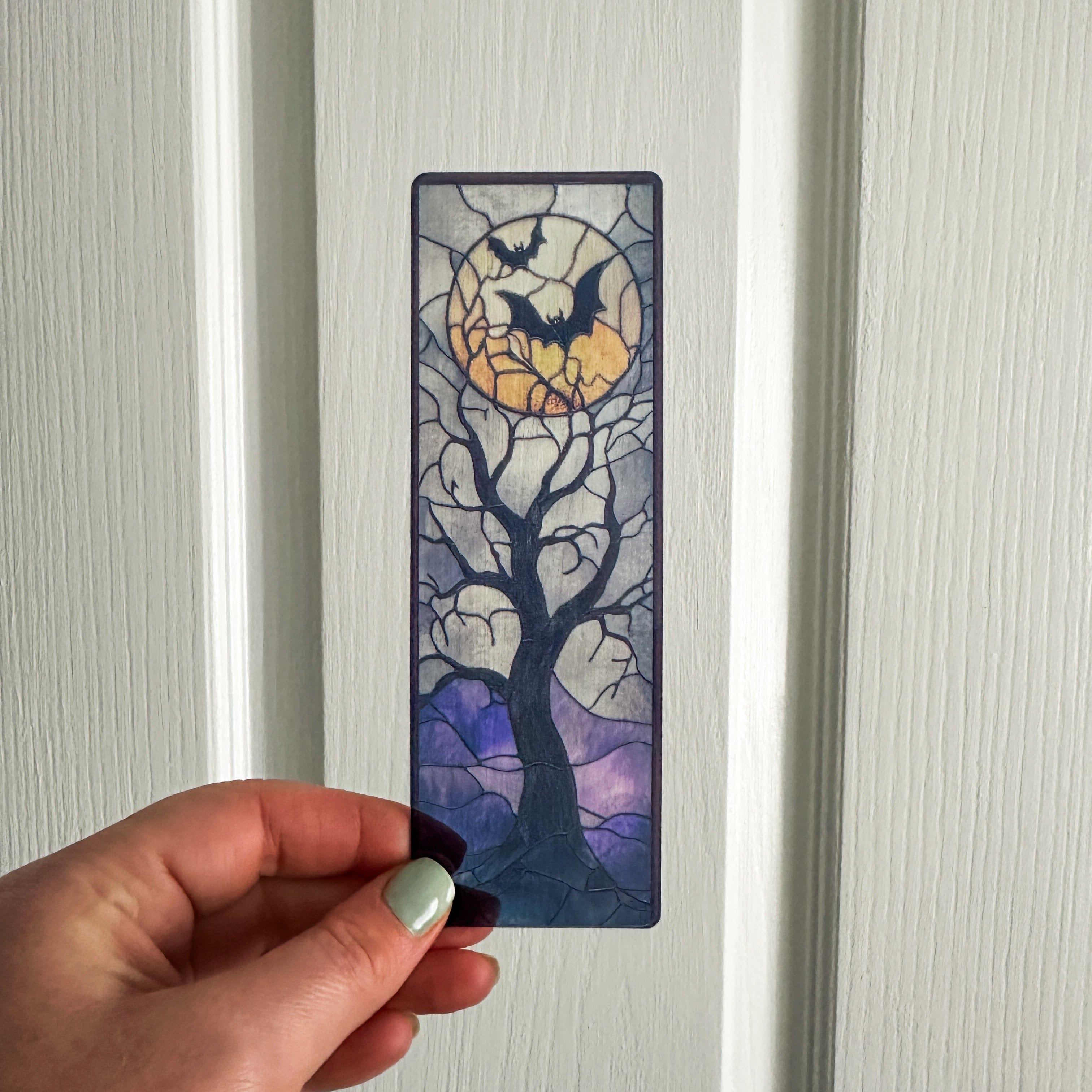 Haunted Tree Transparent Bookmark – Halloween Moon and Bats