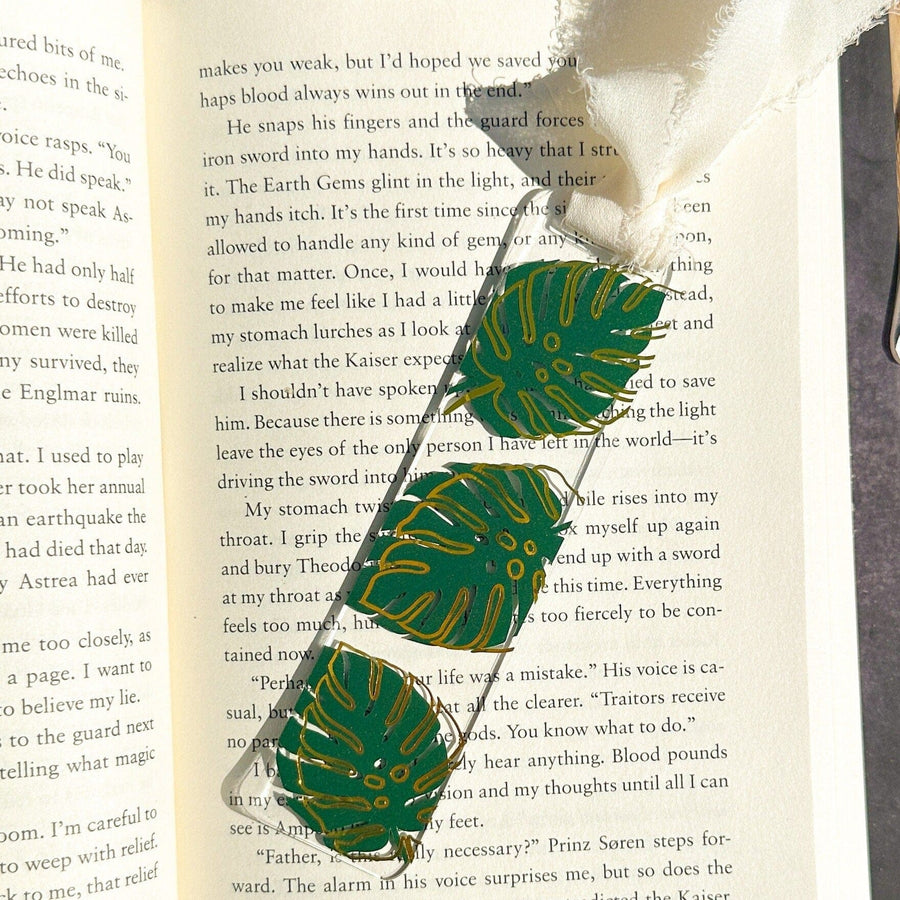 Green and Gold Handmade Monstera Acrylic Bookmark