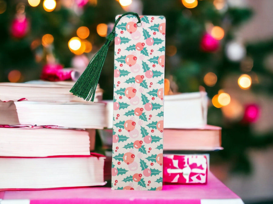 Pink Holly Christmas Laminated Bookmark