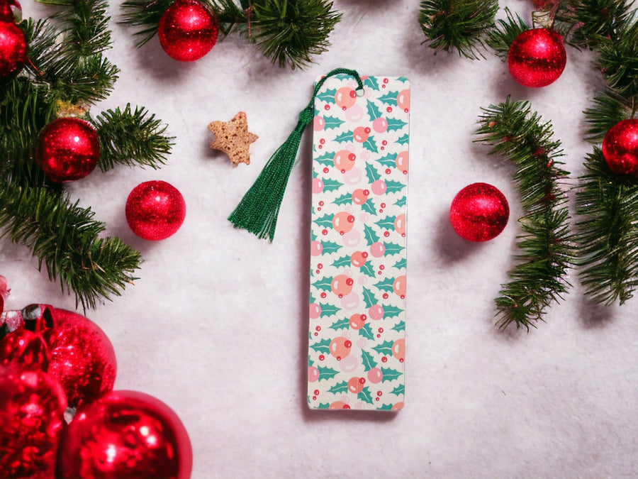 Pink Holly Christmas Laminated Bookmark