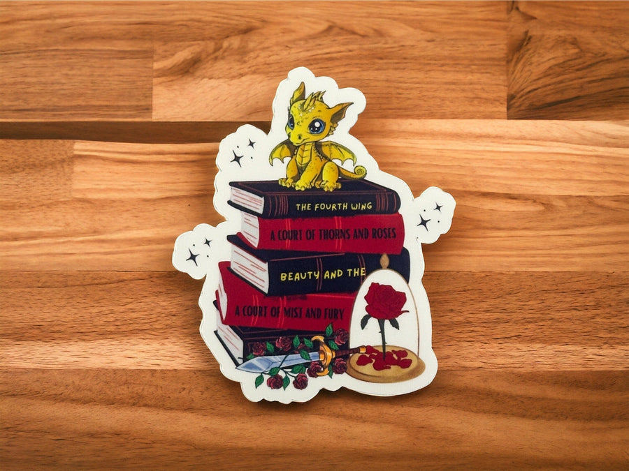 Gold Dragon on top of Fantasy and Romance Books Sticker