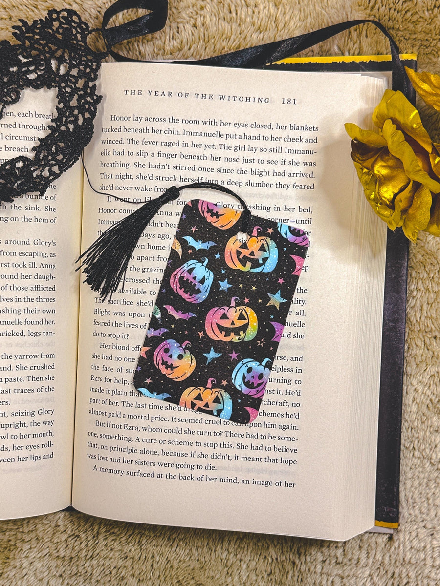 Spooky Halloween Rainbow Pumpkin and Bat Laminated Bookmark