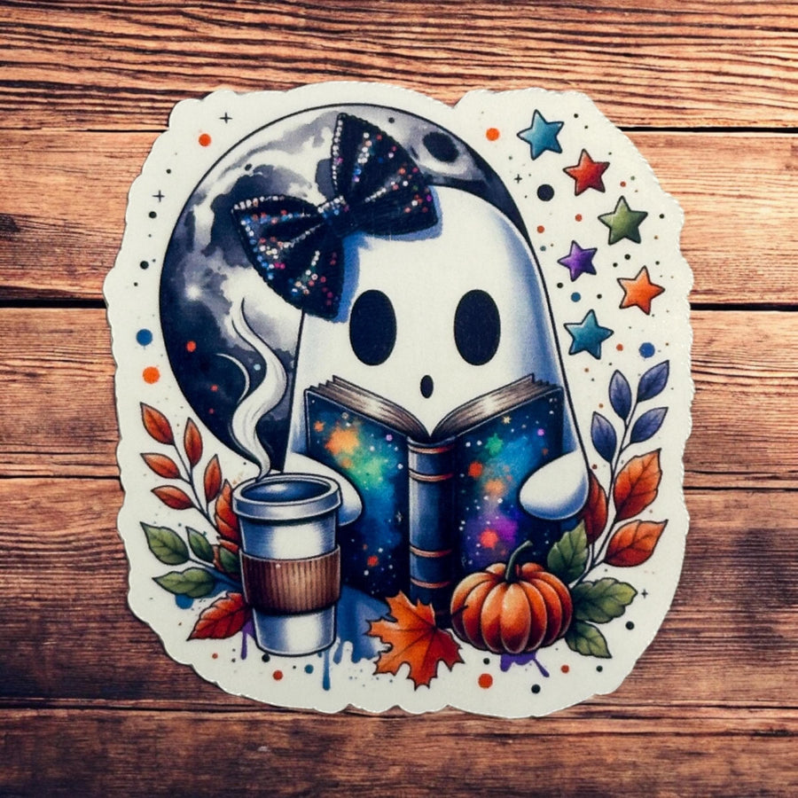 Cute Ghost Reading with a Coffee Sticker