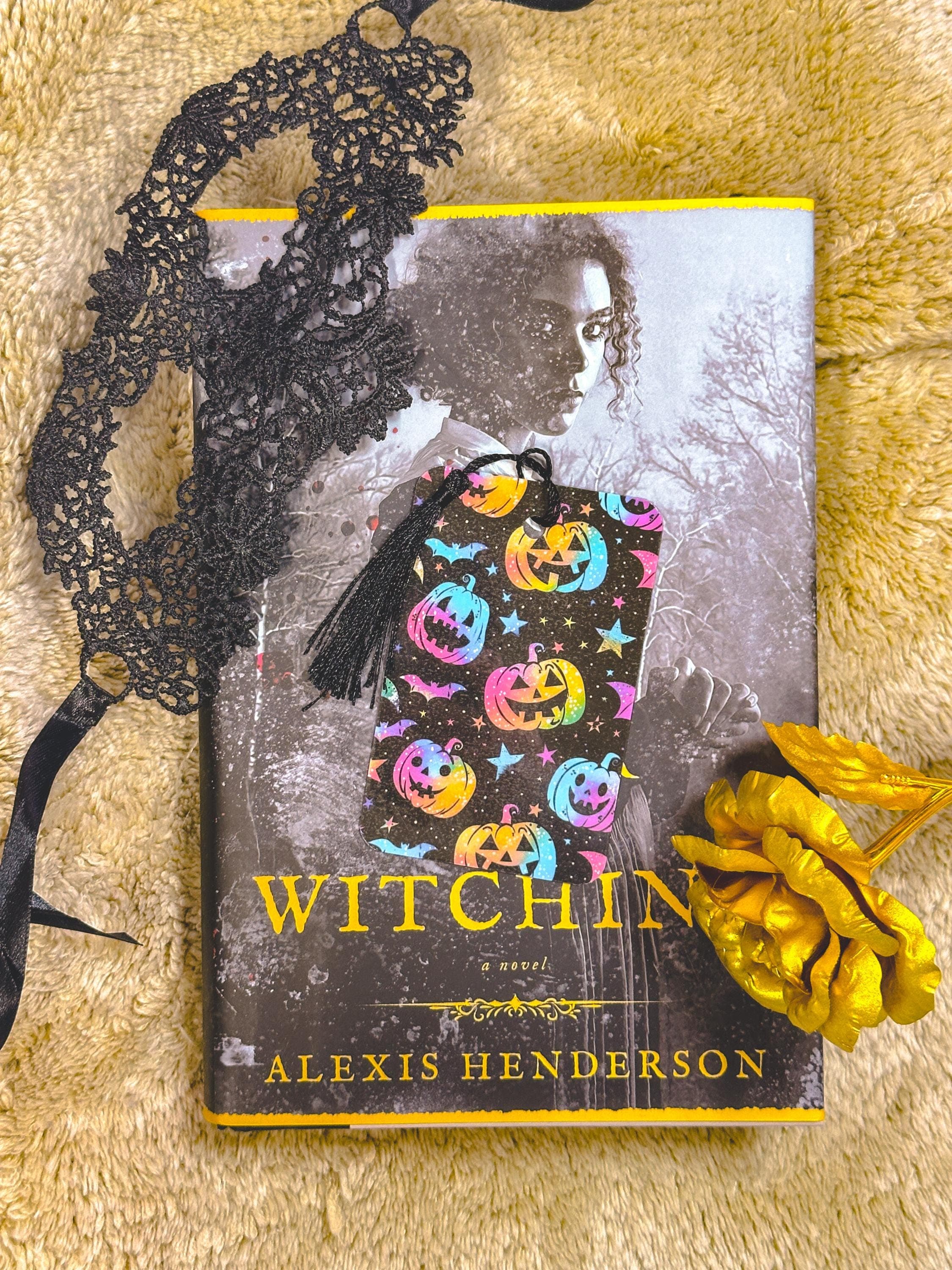 Spooky Halloween Rainbow Pumpkin and Bat Laminated Bookmark