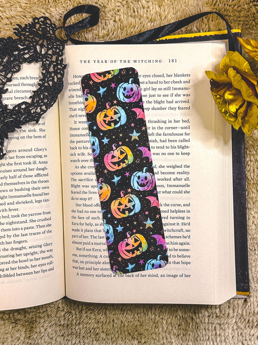 Spooky Halloween Rainbow Pumpkin and Bat Laminated Bookmark