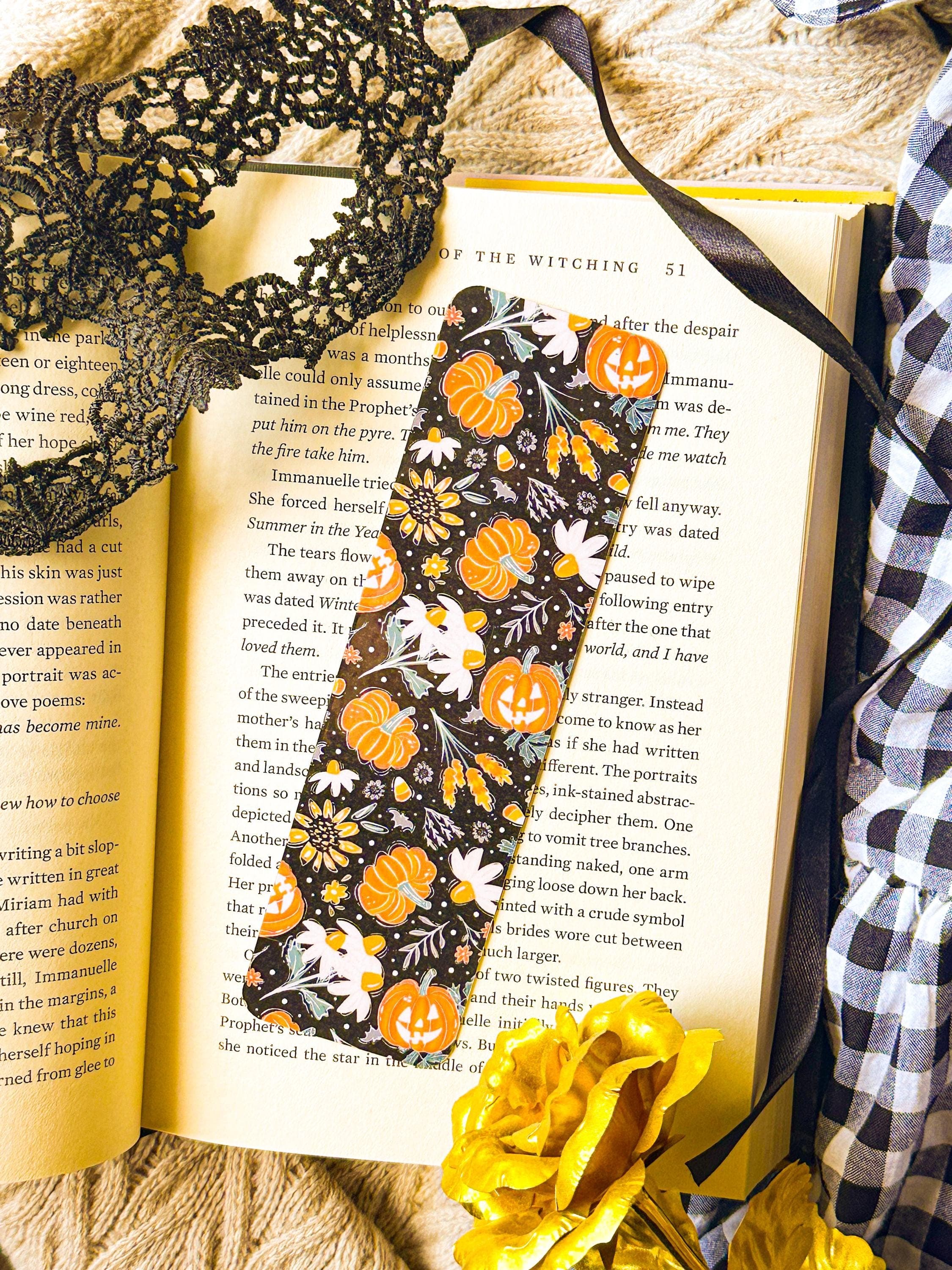 Halloween Floral Pumpkin Laminated Bookmark