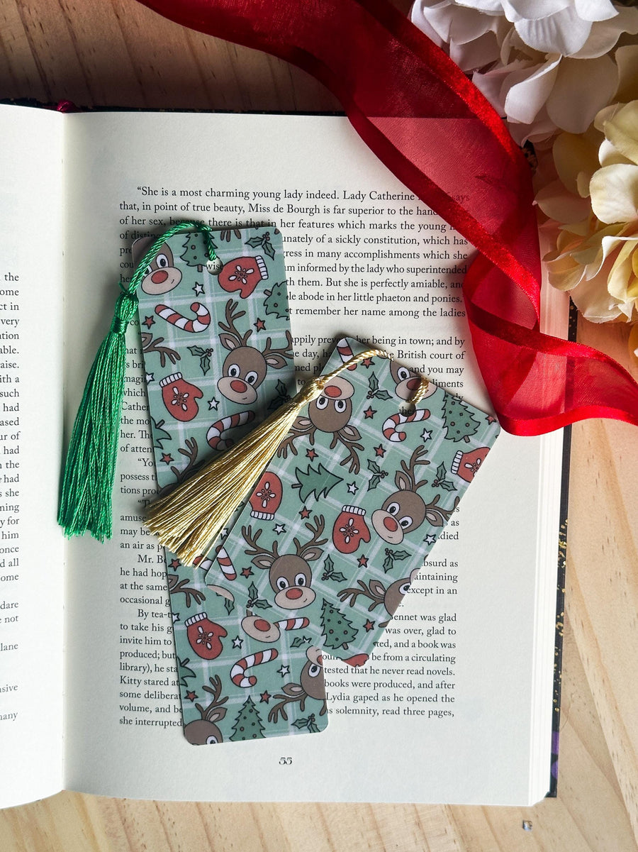 Green Reindeer Christmas Laminated Bookmark